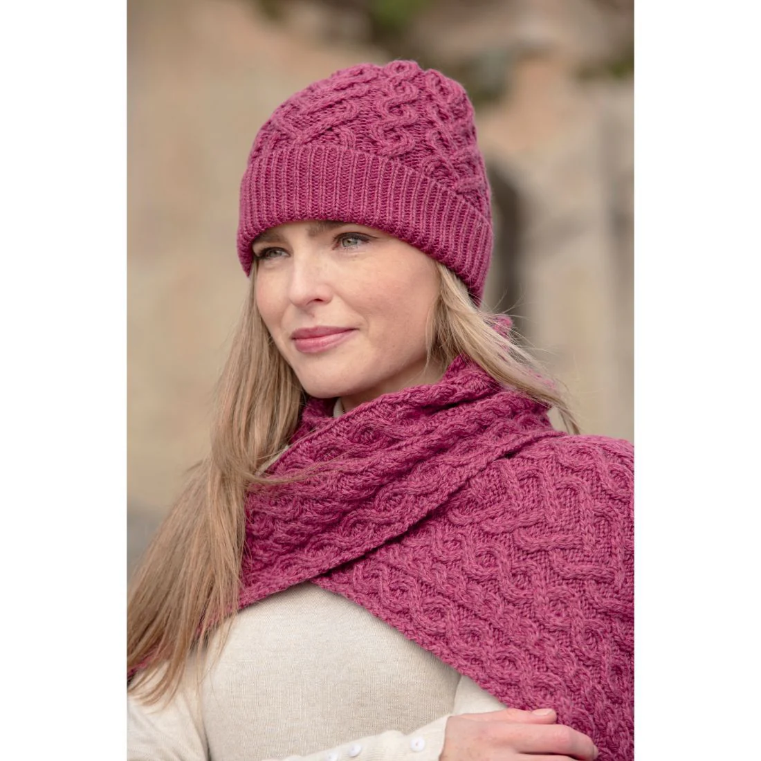 Aran Crafts Super Soft Heart Design Hat Magenta Pink - Image 2