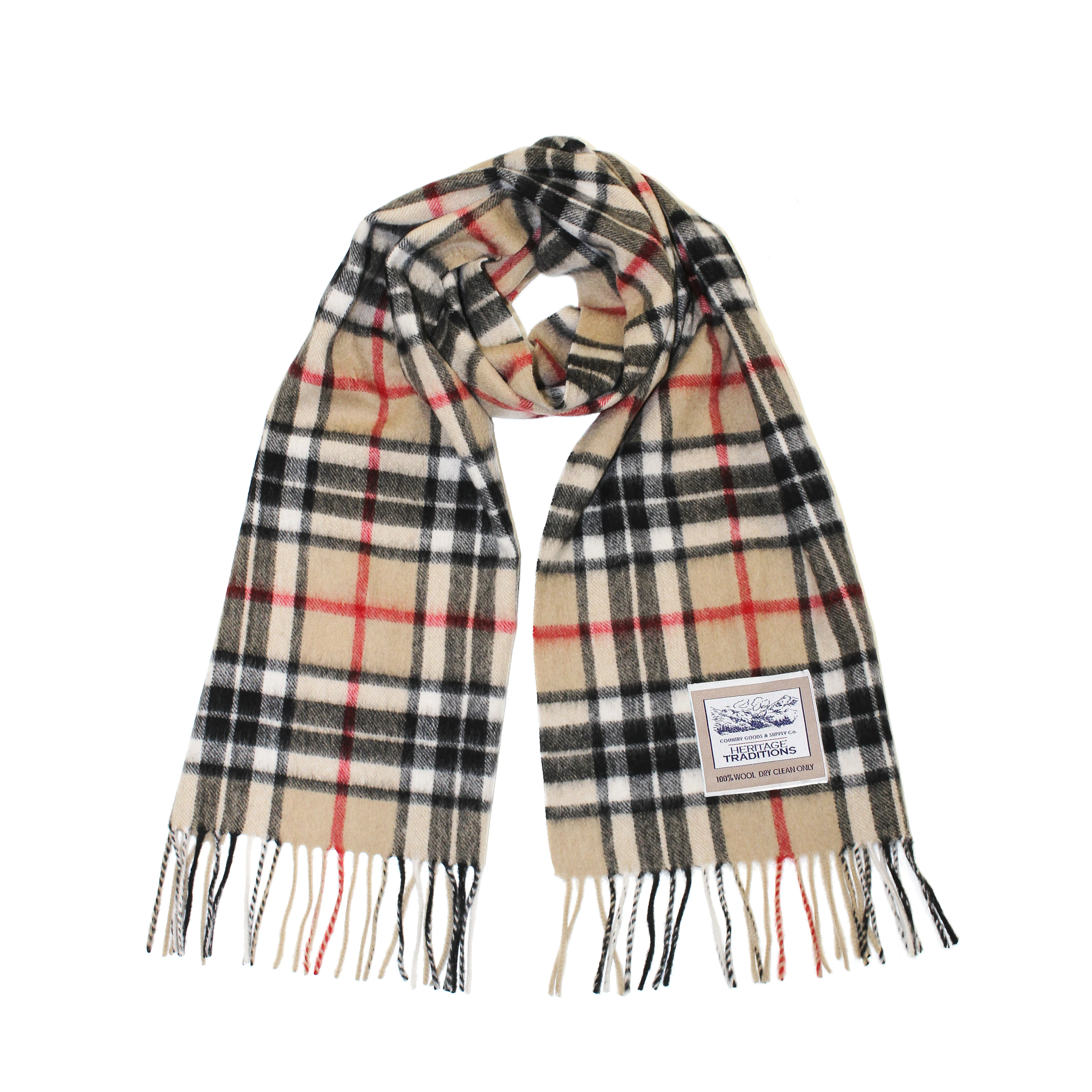 Carrolls Irish Designs Wool Scarf With Beige Black Red And White Design