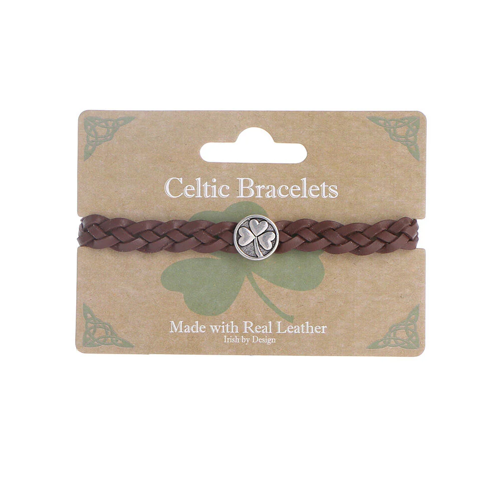 Celtic 4 Strand Leather Bracelet With Shamrock Charm Brown - Image 2