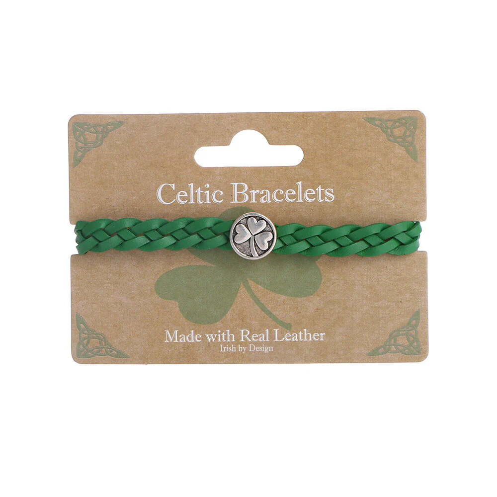 Celtic 4 Strand Leather Bracelet With Shamrock Charm Green - Image 2