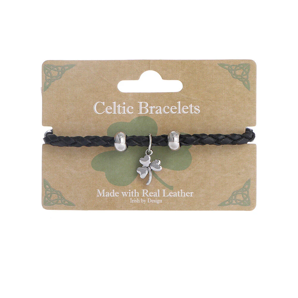 Celtic Leather Weave Bracelet With Shamrock Charm Black - Image 2
