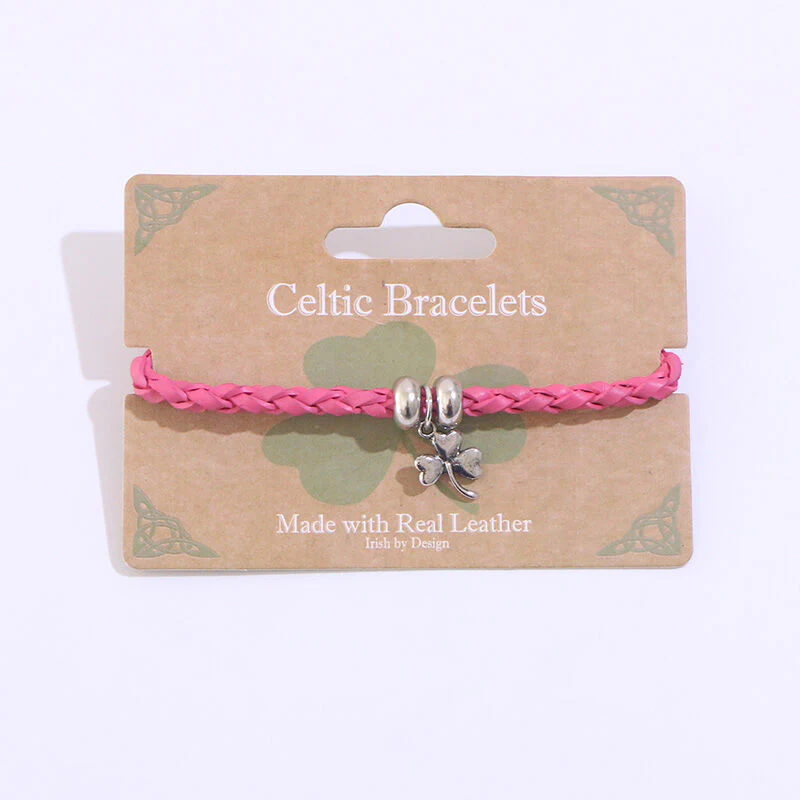 Celtic Leather Weave Bracelet With Shamrock Charm Pink - Image 2
