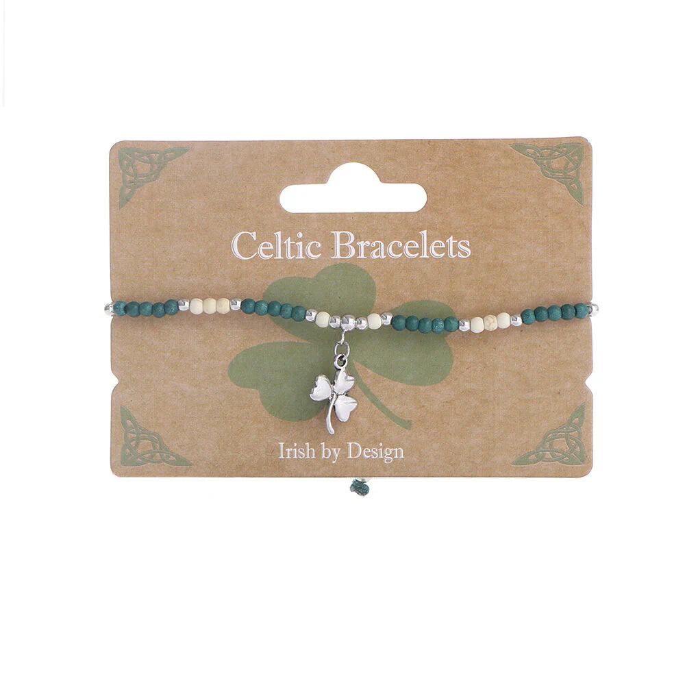 Celtic String Bead Bracelet With Shamrock Charm White & Green - Image 2