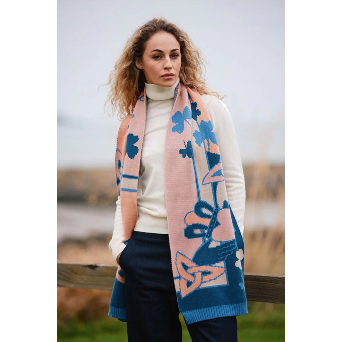 Claddagh Blue and Salmon Knit Scarf - Image 2