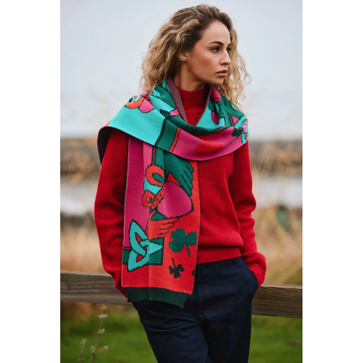 Claddagh Pink Green and Red Knit Scarf - Image 2