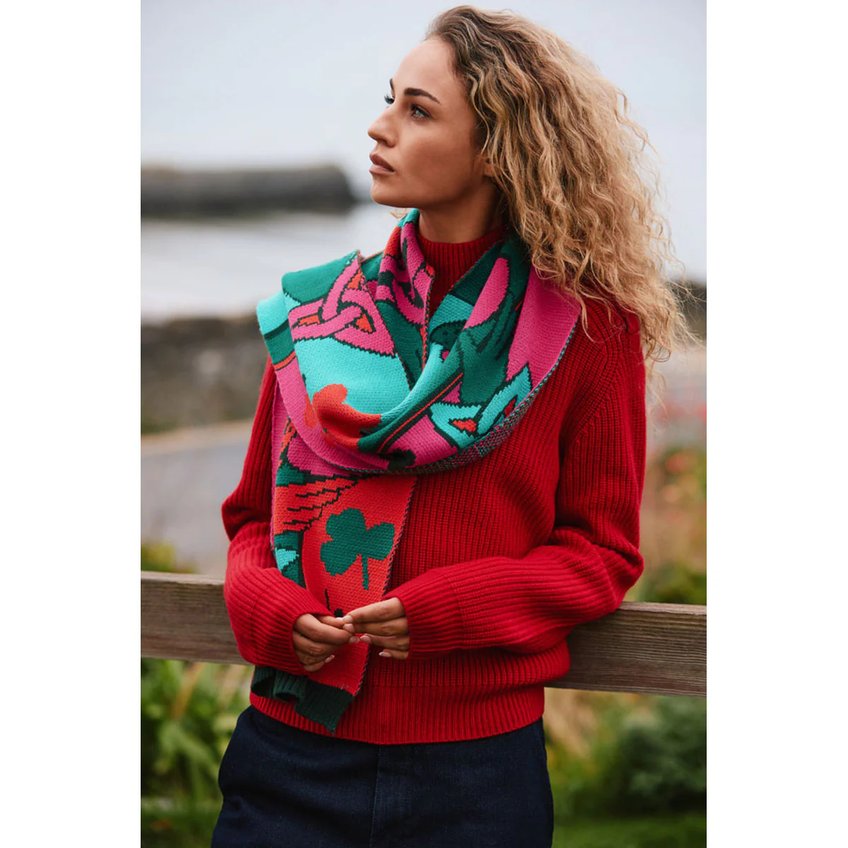 Claddagh Pink Green and Red Knit Scarf - Image 3