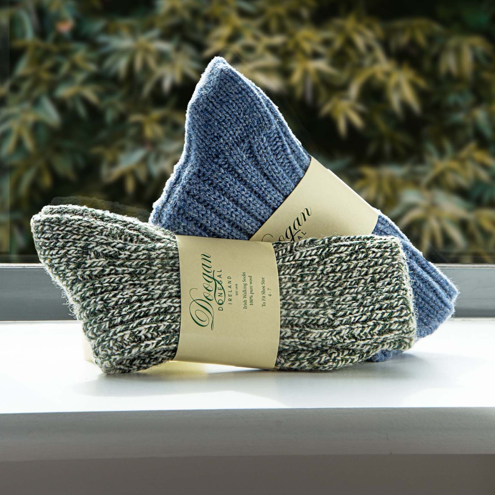 Doogan Donegal 100% Pure Wool Irish Walking Socks Marl Green & White - Image 3