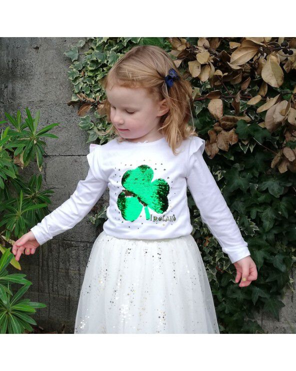 Girls Shamrock Ireland Green Sequin White Long Sleeve T-Shirt - Image 2