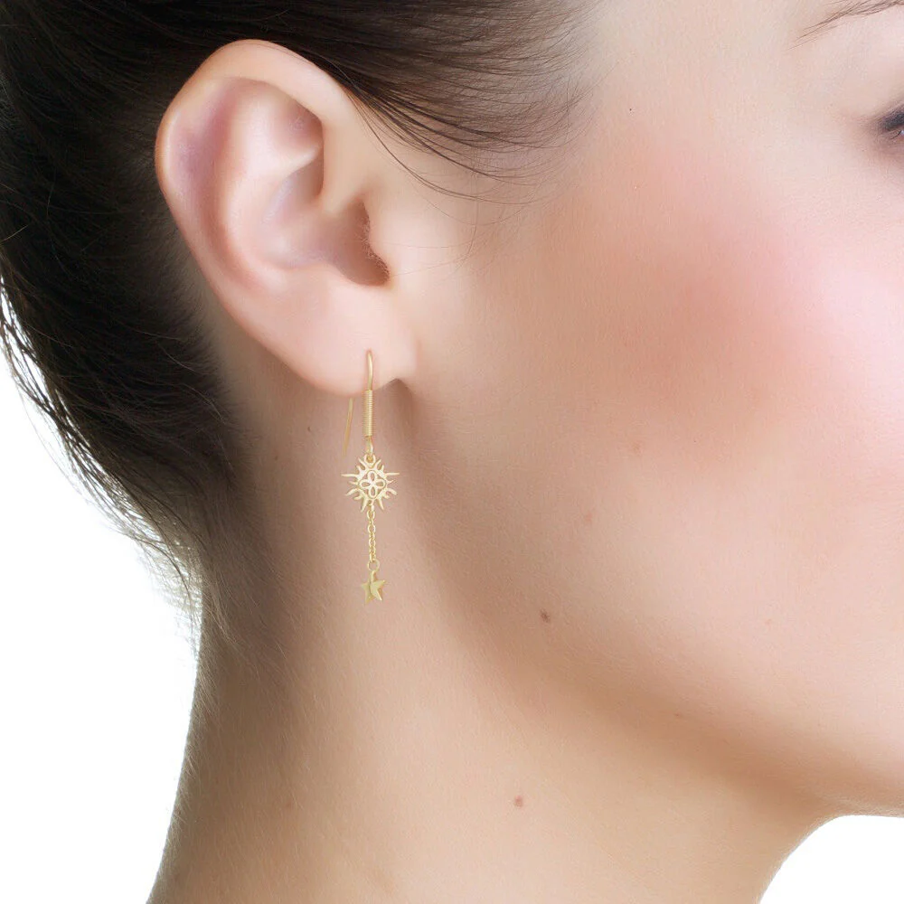 Gold Plated Amy Huberman Newbridge Silverware Drop Earrings With Sun & Stars Design - Image 2