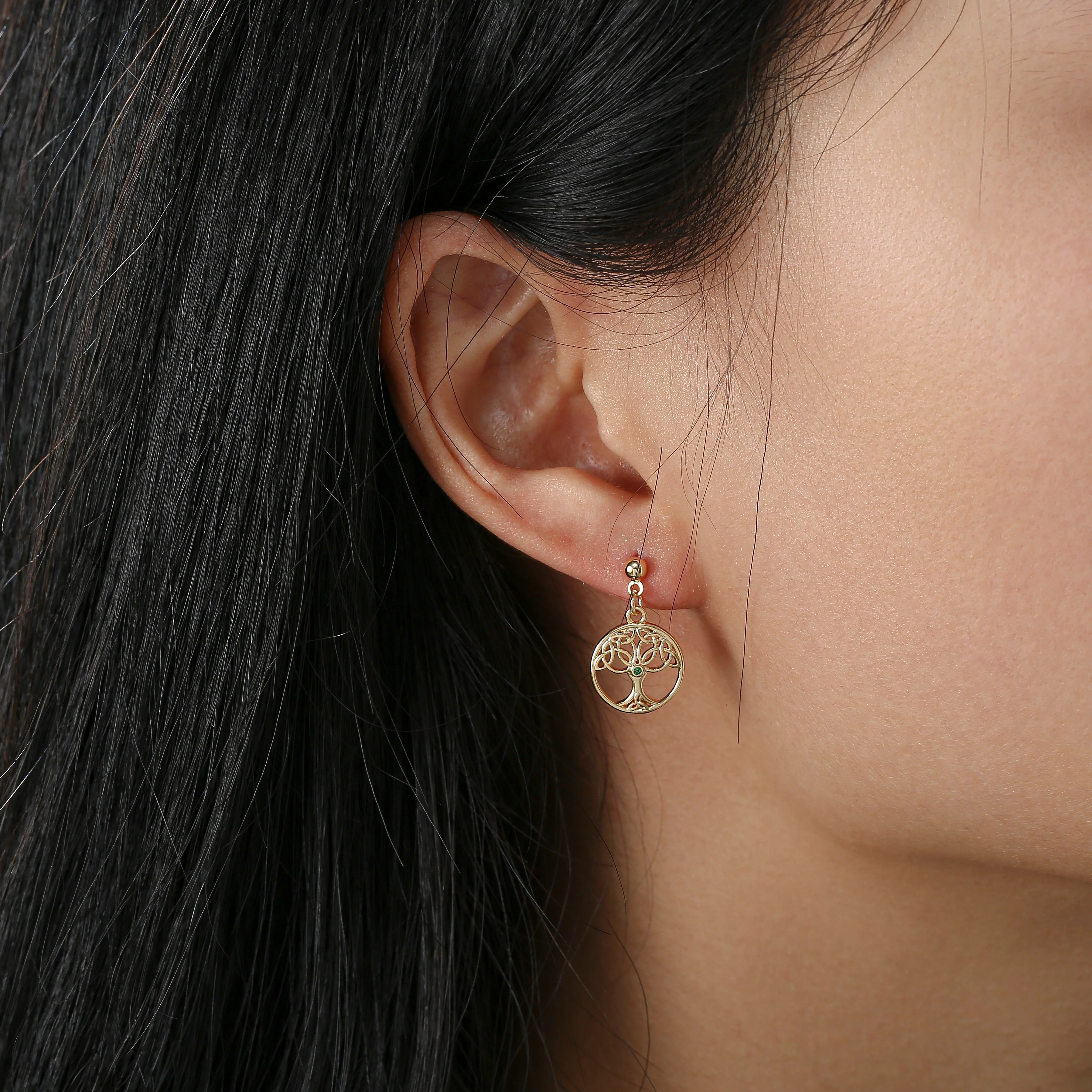 Gold Plated Trinity Tree Of Life Drop Earrings - Image 2