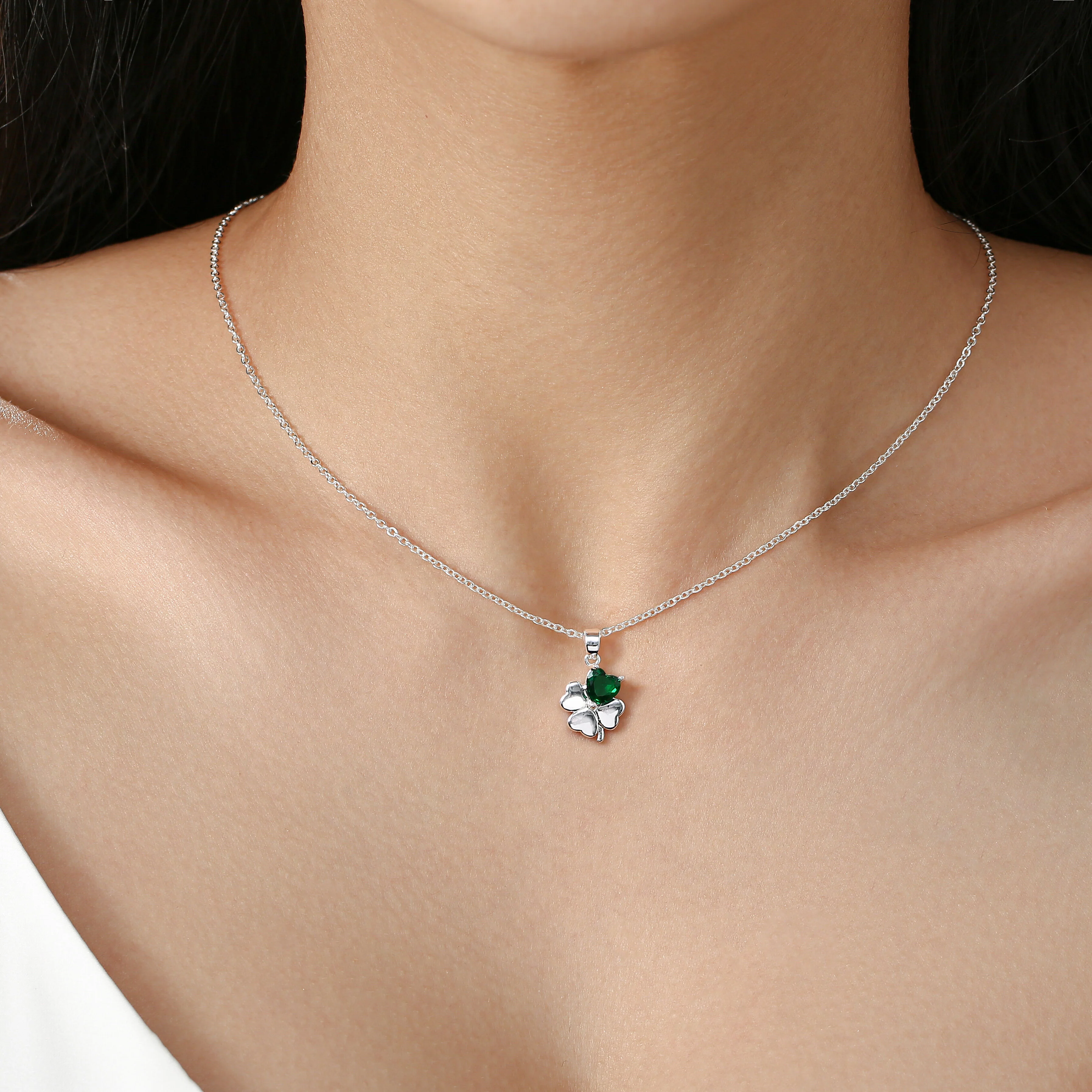 Grá Collection Silver Plated 1 Green Cubic Zirconia Stone Clover Necklace - Image 2