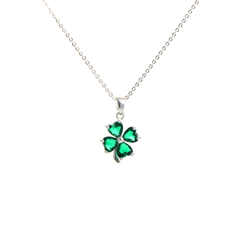 Grá Collection Silver Plated 4 Green Cubic Zirconia Stones Clover Necklace