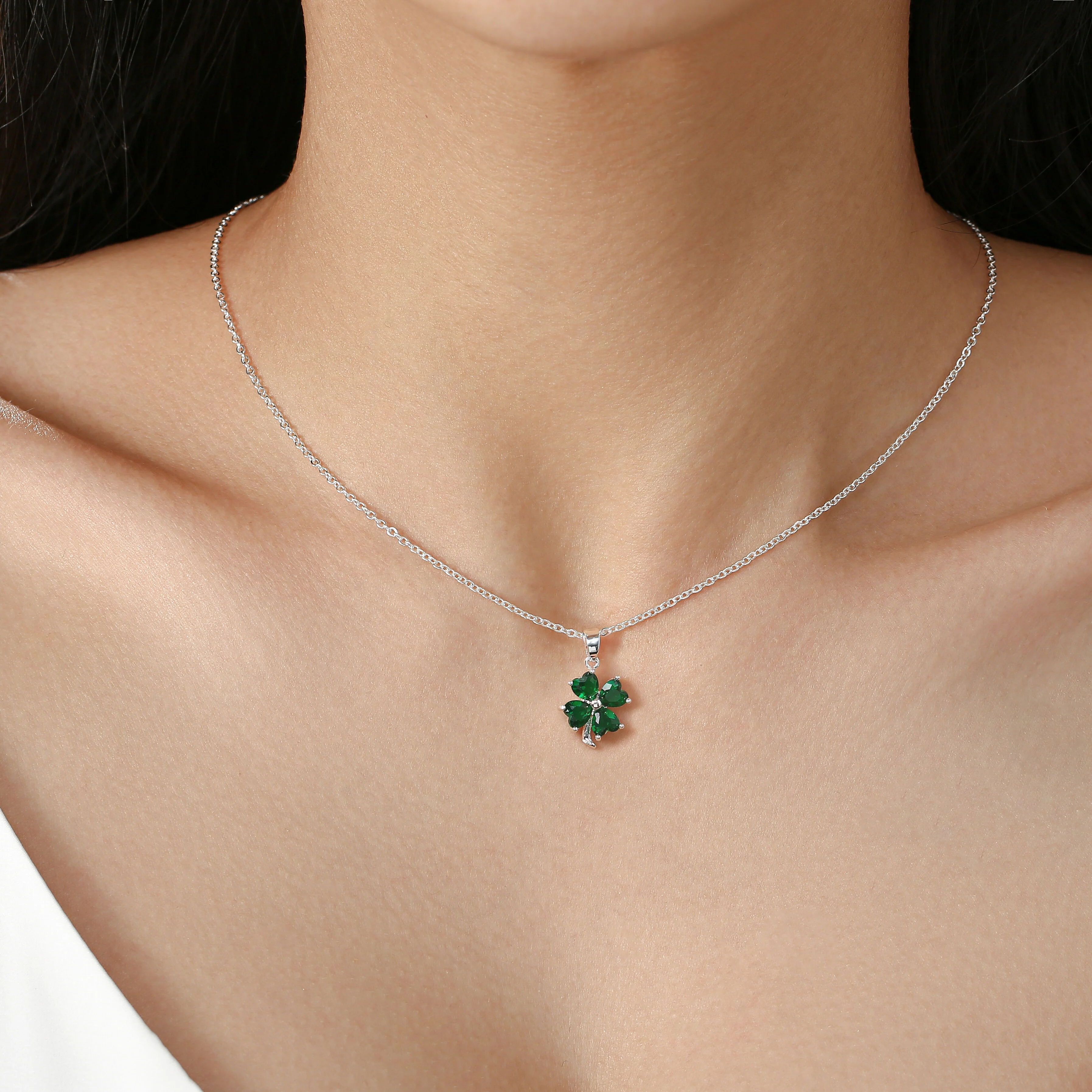 Grá Collection Silver Plated 4 Green Cubic Zirconia Stones Clover Necklace - Image 2