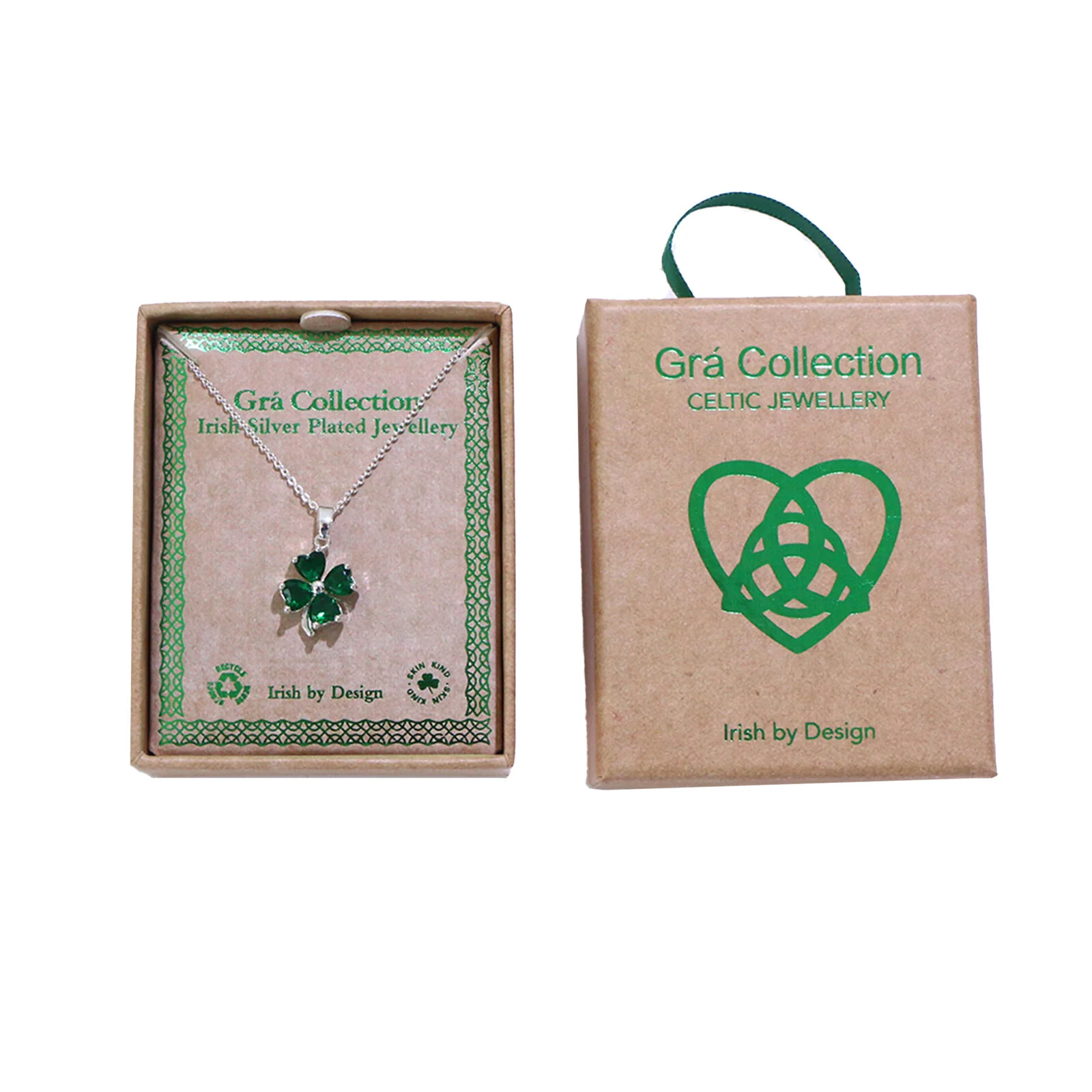 Grá Collection Silver Plated 4 Green Cubic Zirconia Stones Clover Necklace - Image 3