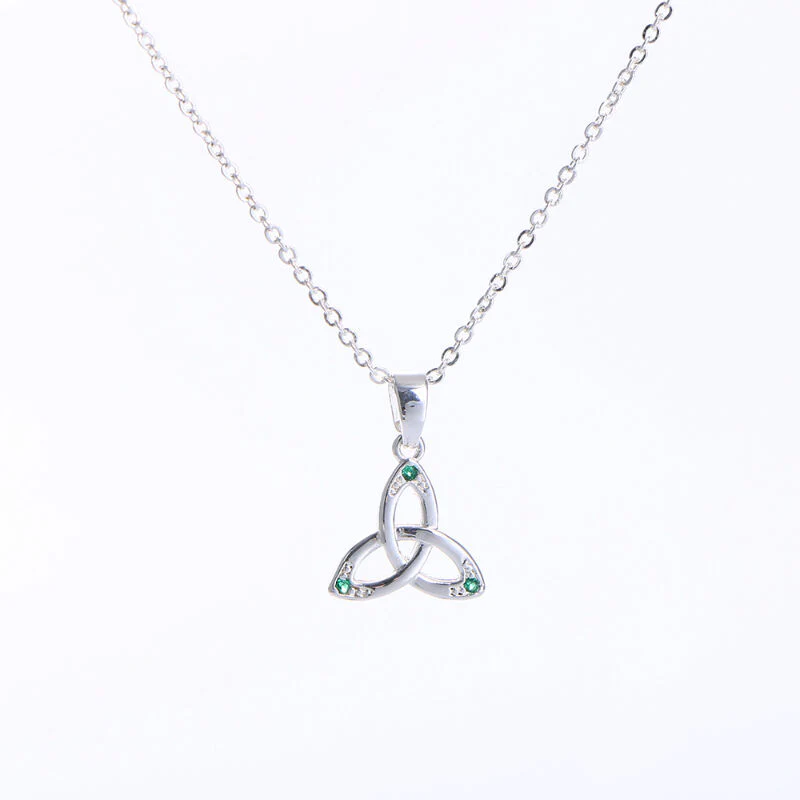 Grá Collection Silver Plated Trinity Knot With Mini Green Cubic Zirconia Stones Necklace