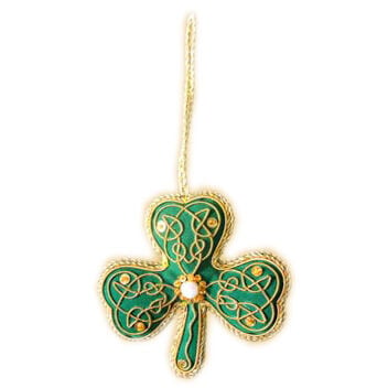 Green Shamrock Shaped Hanging Christmas Decoration With Gold Celtic Needlework - Image 2