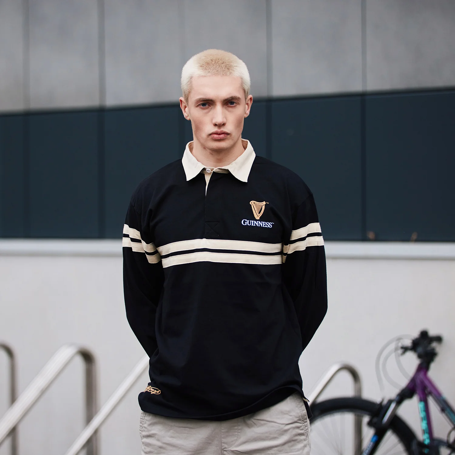 Guinness Harp Long Sleeve Rugby Shirt Cream and Black - Image 3