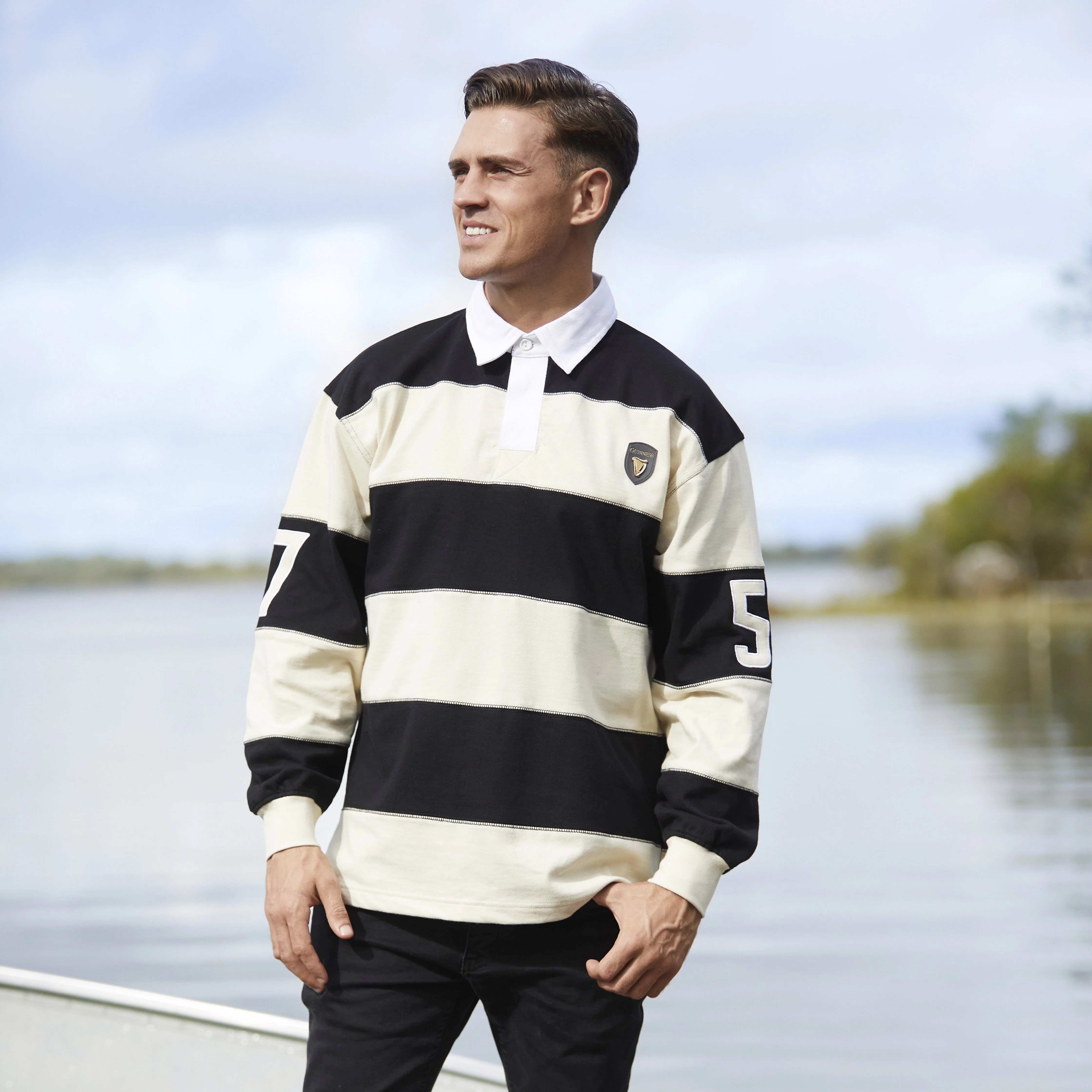 Guinness Men's Long Sleeve Cream & Black Rugby Shirt - Image 3