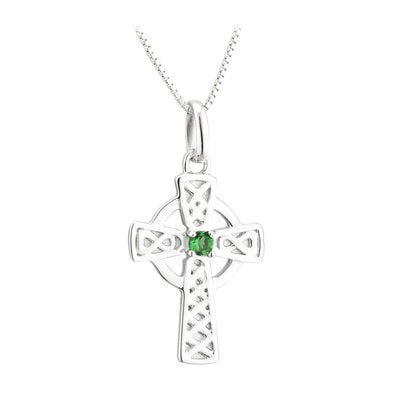 Hallmarked Sterling Silver Large Celtic Cross Necklace With Green Crystal Bead