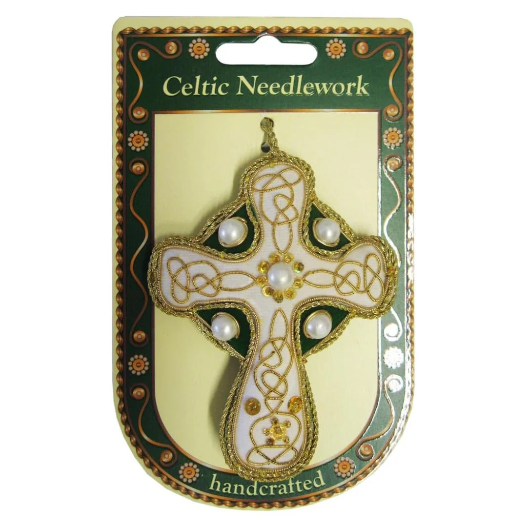 High Cross Shaped Hanging Christmas Decoration With Gold Celtic Needlework - Image 2