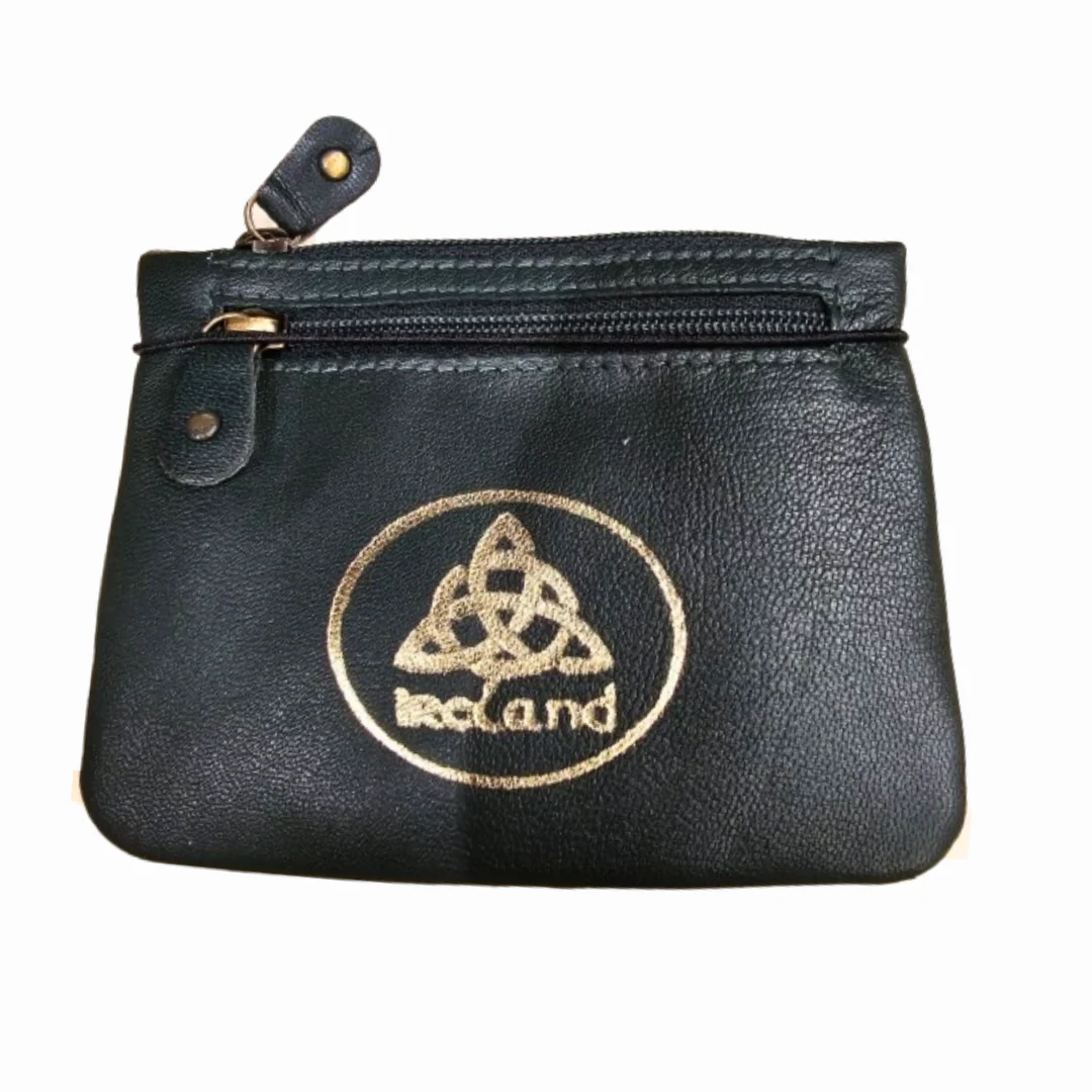 Ireland Trinity Knot 3 Zip Black Leather Purse