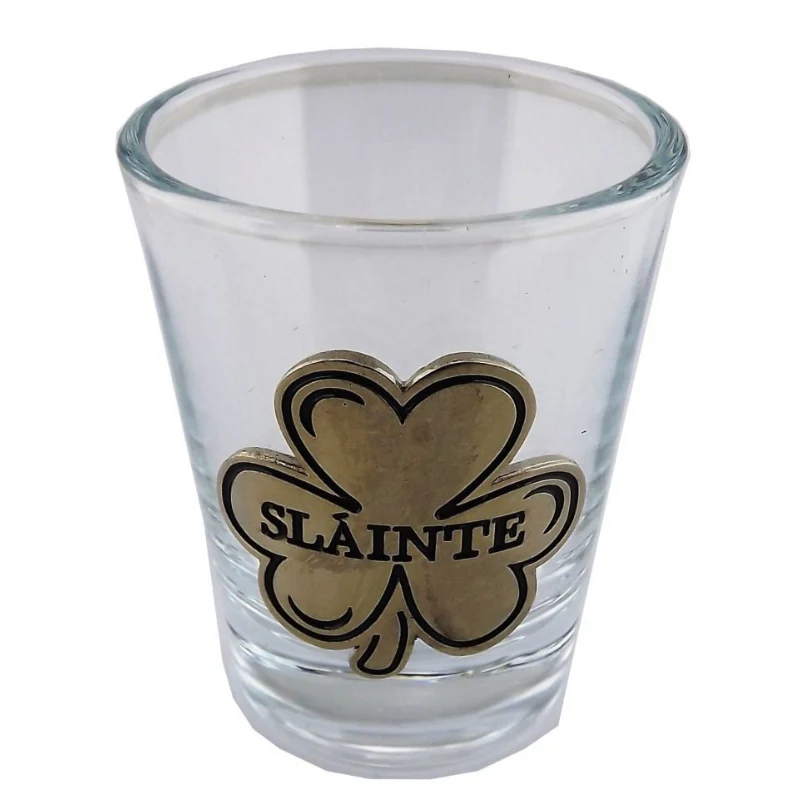 Irish Slainte Shamrock Metal Badge Shot Glass