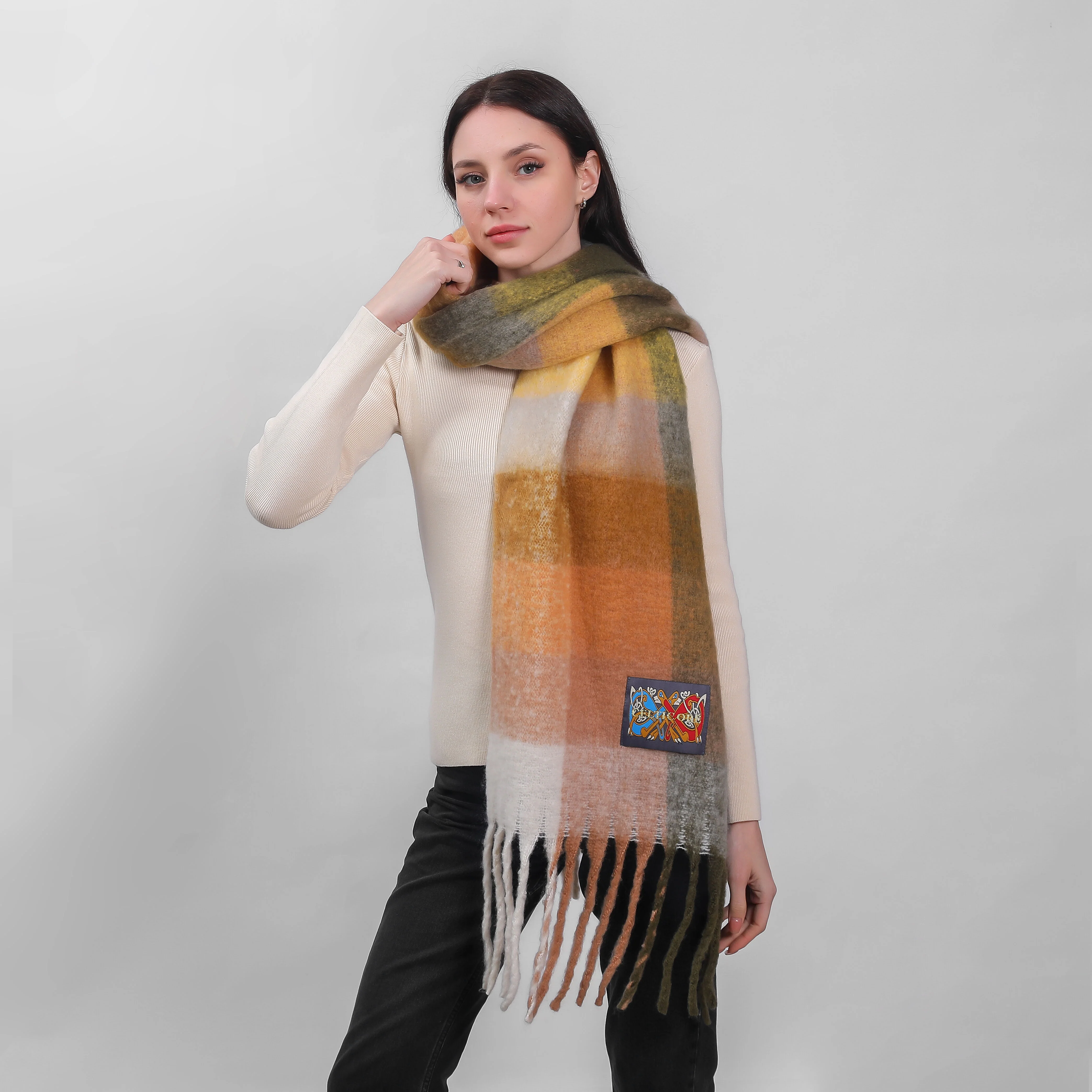 Irish Soft Check Scarf Green Mustard - Image 2