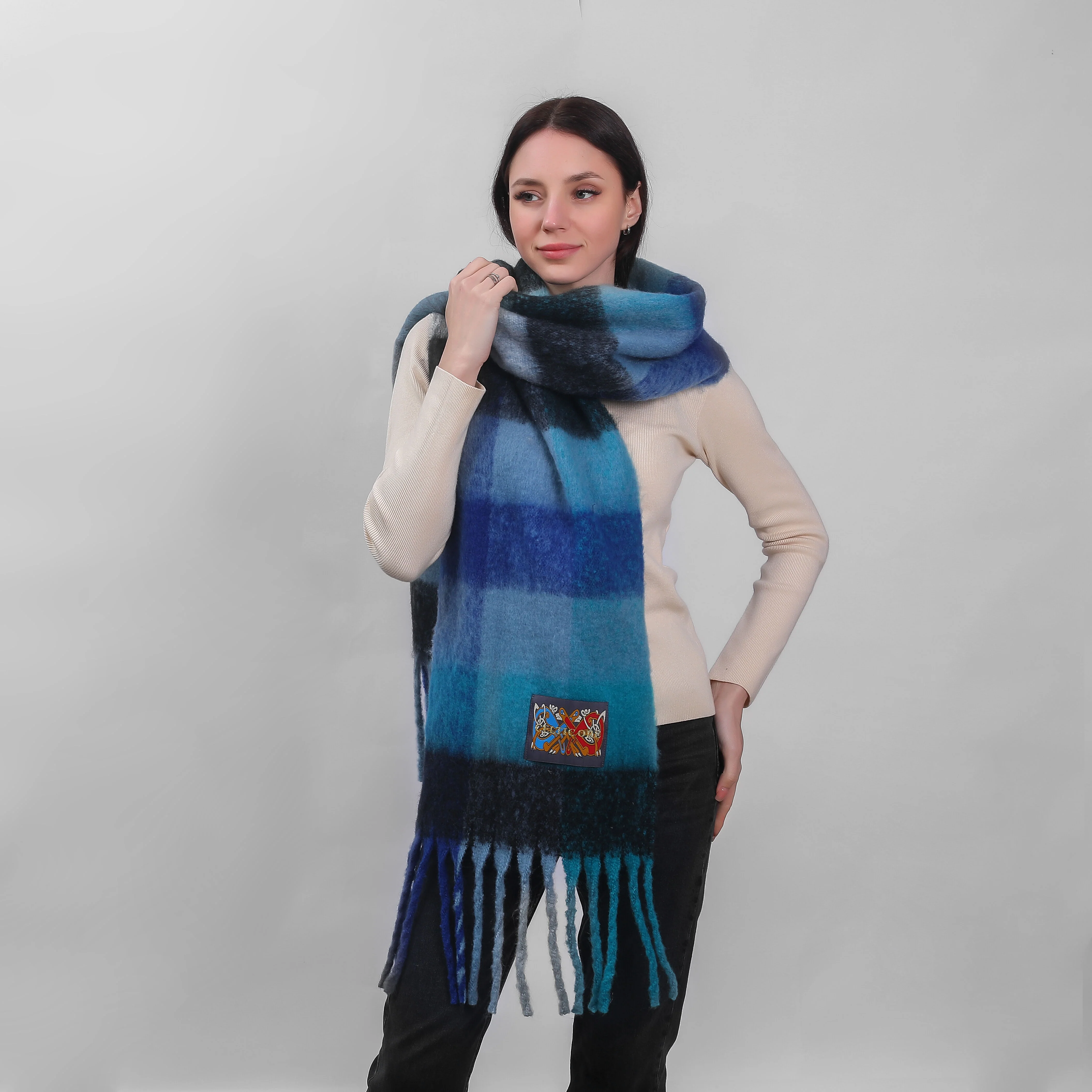 Irish Soft Check Scarf Mixed Blues - Image 2