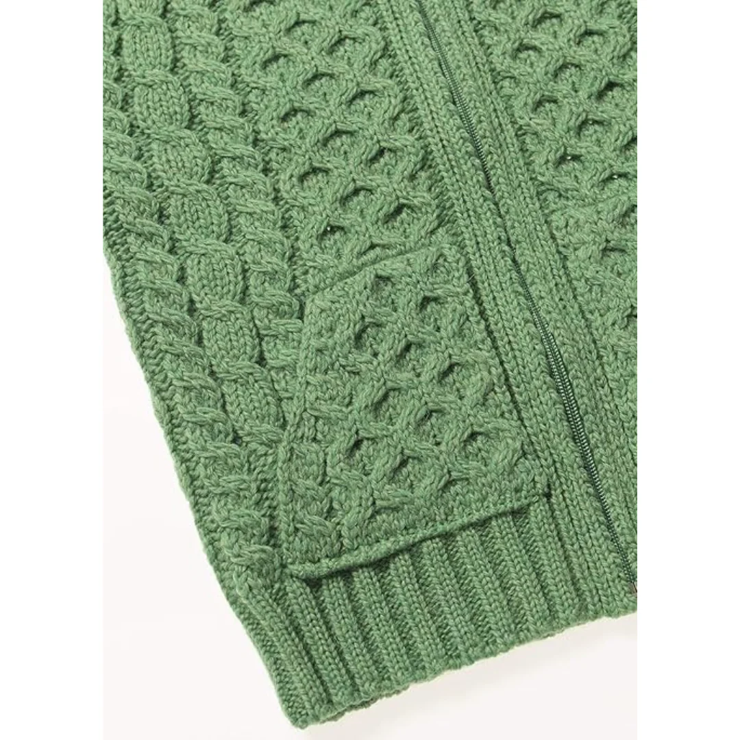 Kids Aran Hooded Zip Green Cardigan - Image 4