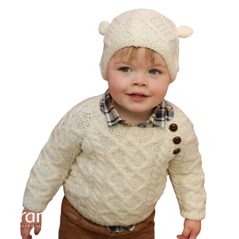 Kids Aran Wool Natural Hat With Ears - Image 2