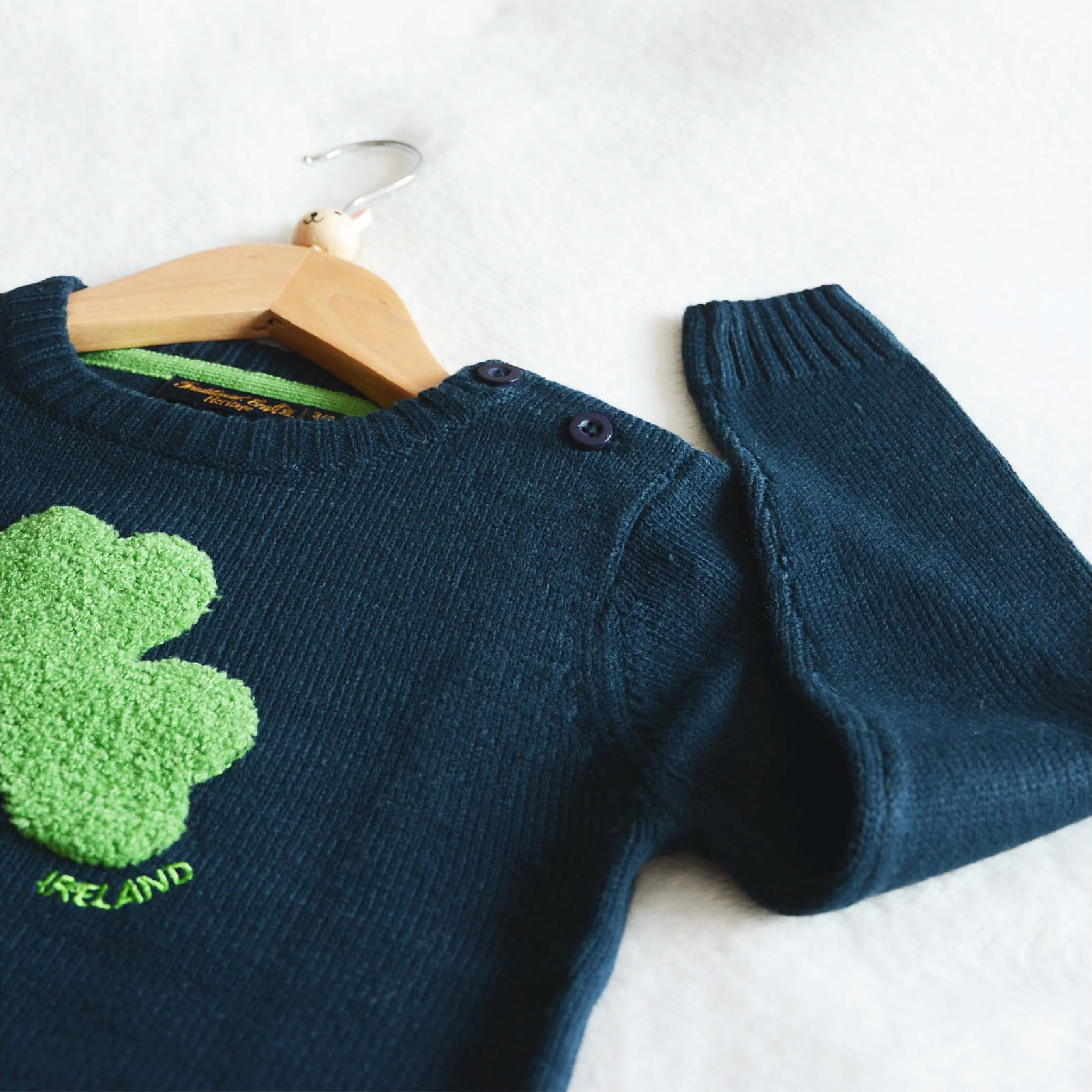 Kids Crew Neck Jumper With Fluffy Shamrock Navy - Image 3