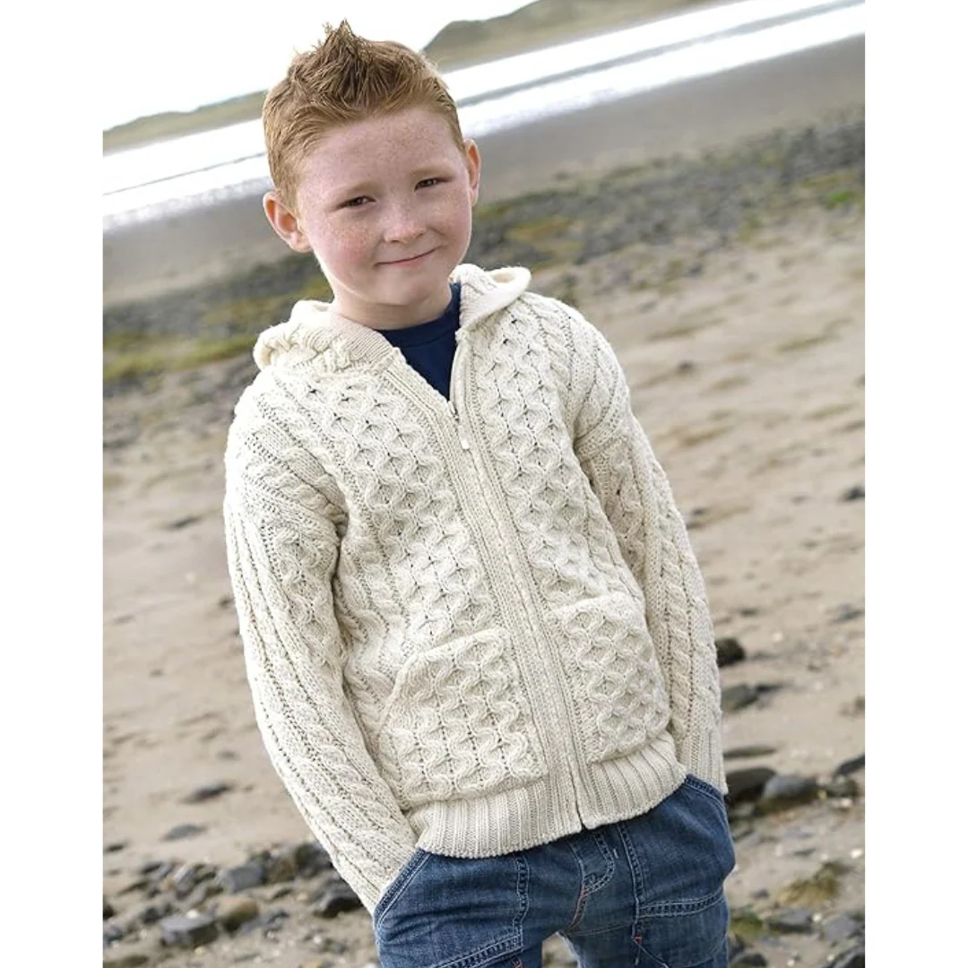 Kids Hooded Aran Zip Ecru Cardigan - Image 3