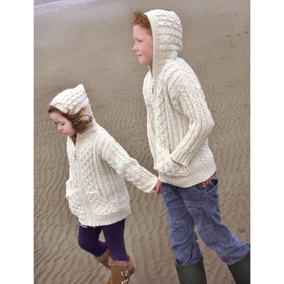 Kids Hooded Aran Zip Ecru Cardigan - Image 6