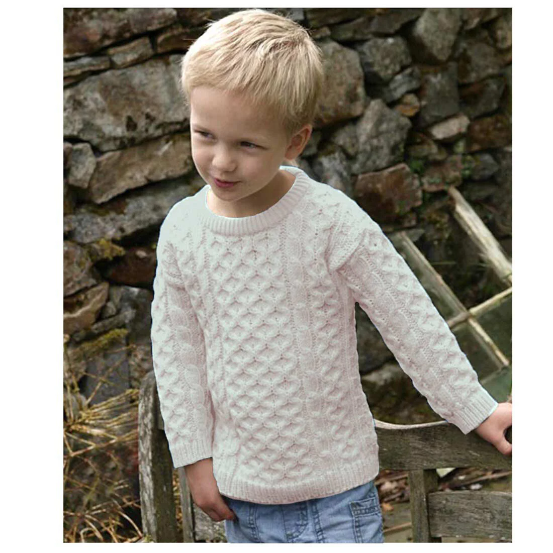 Kid's Traditional Aran Crew Neck Natural Jumper - Image 3