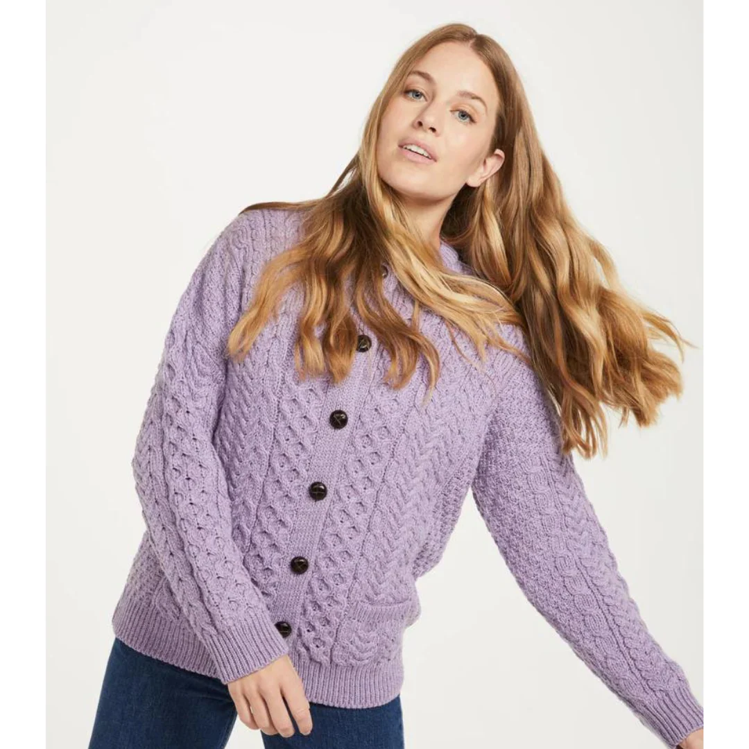 Ladies Aran Lumber Lilac Cardigan - Image 2