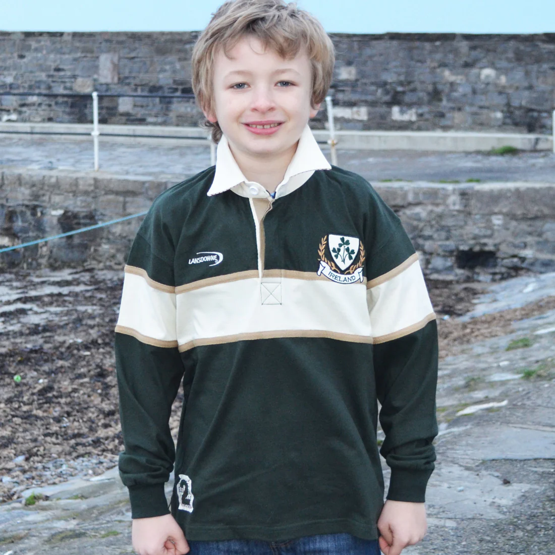 Lansdowne Kids Long Sleeve Green and Natural Rugby Shirt - Image 2