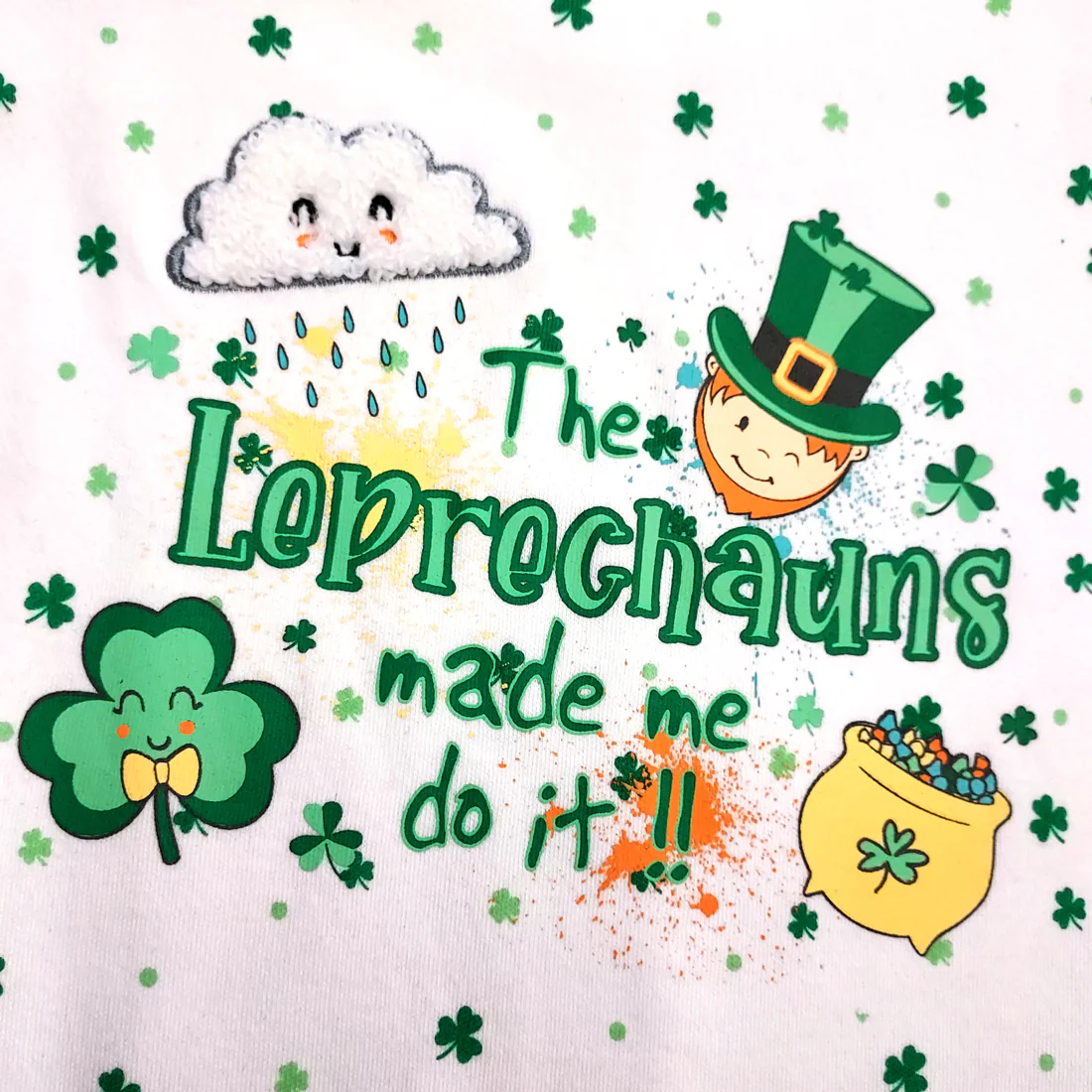 Leprechaun All Over Shamrock White Baby Romper - Image 3