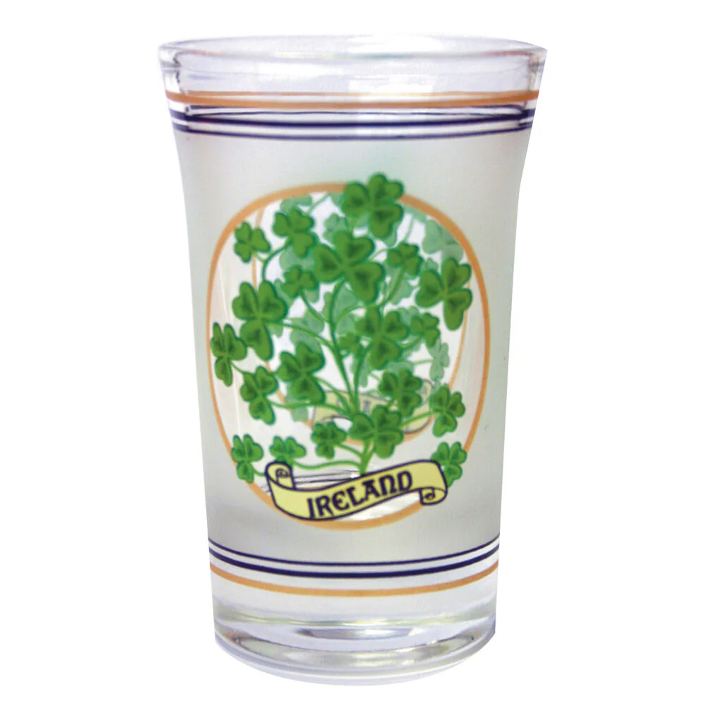 Loose Shot Glass With Sprig Of Shamrocks & Ireland Banner