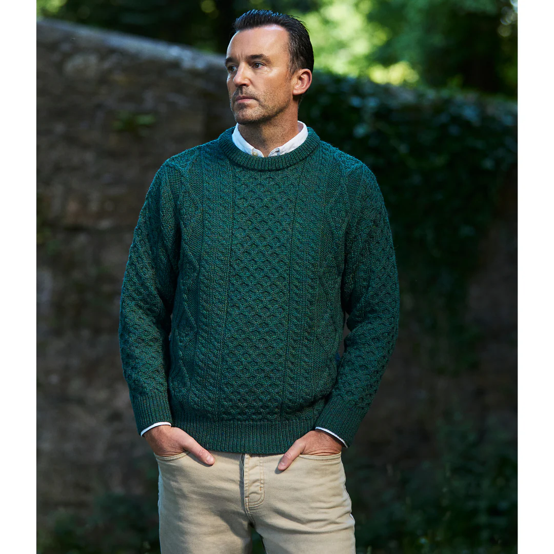 Men's Aran Cable Knit Crew Neck Moss Green Jumper - Image 3