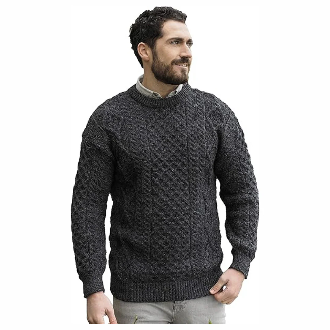 Men's Aran Crew Neck Charcoal Jumper