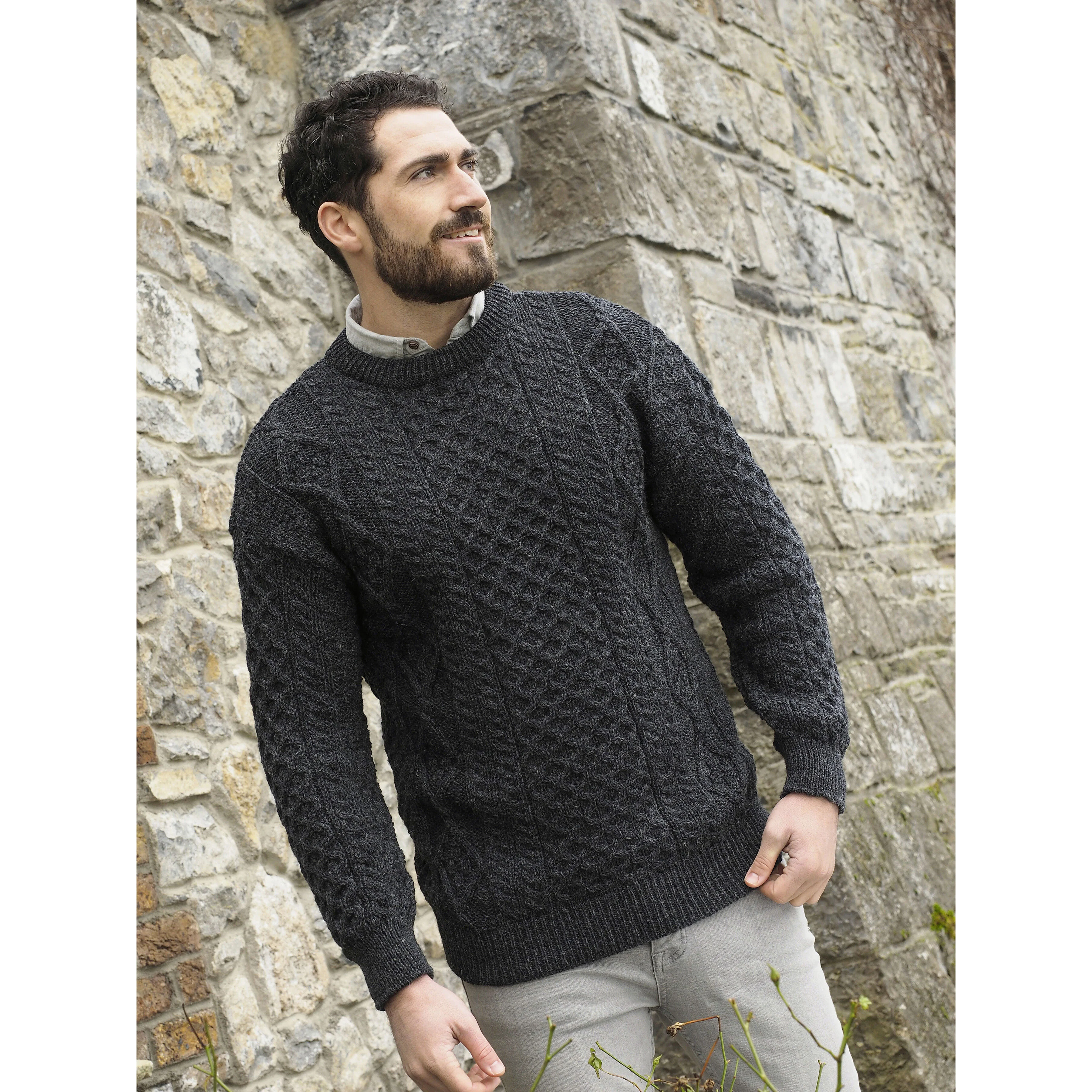 Men's Aran Crew Neck Charcoal Jumper - Image 2