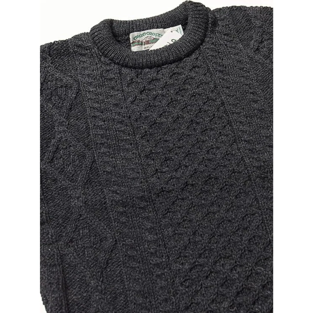 Men's Aran Crew Neck Charcoal Jumper - Image 3
