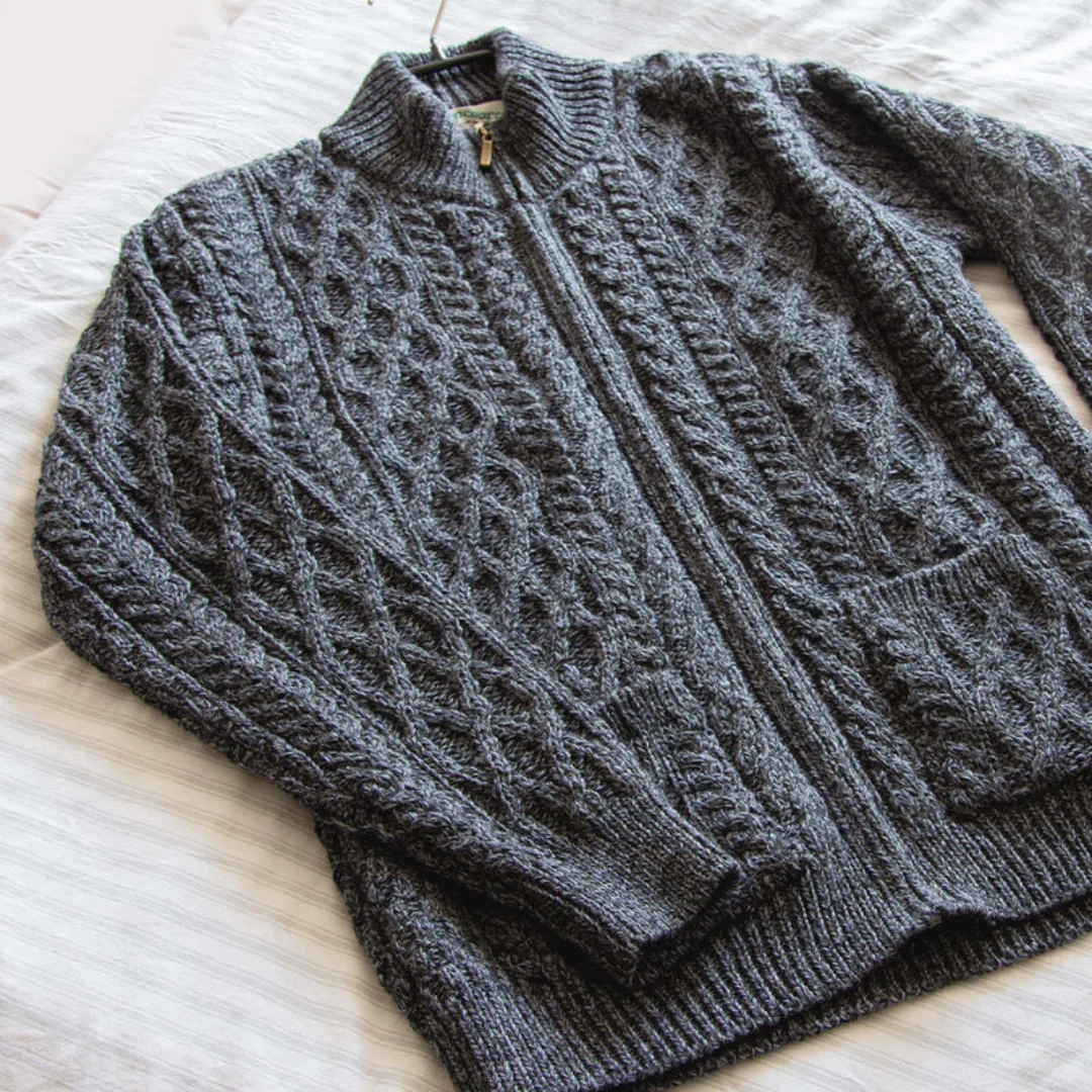 Men's Aran Full Zip Charcoal Cardigan - Image 5