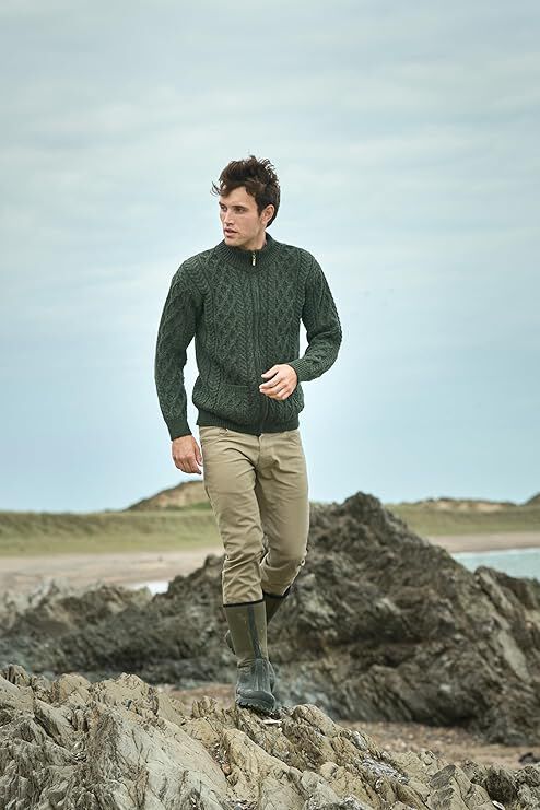 Men's Aran Full Zip Dark Green Cardigan - Image 3