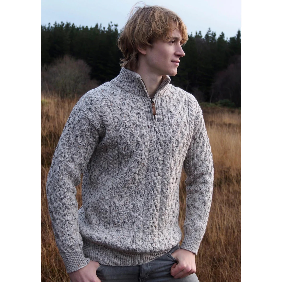 Men's Aran Half Zip Oatmeal Jumper - Image 2