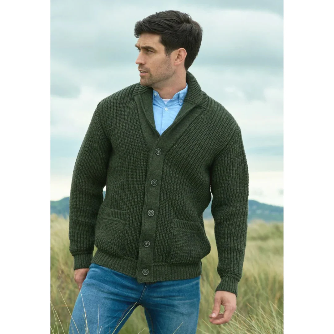 Men's Aran Knit Ribbed Green Cardigan - Image 3