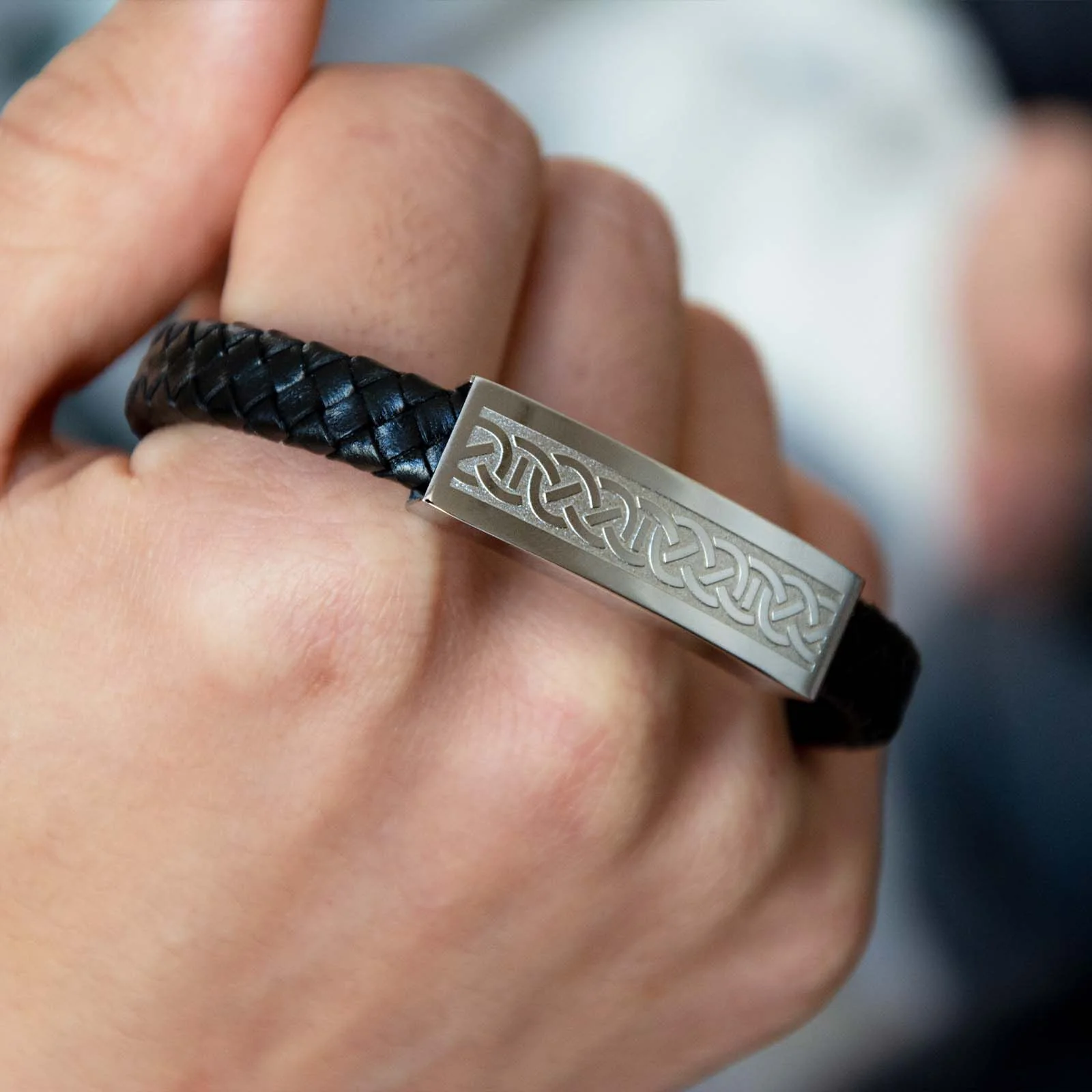 Mens Black Leather Bracelet Wristband With Steel Celtic Knot Design - Image 3