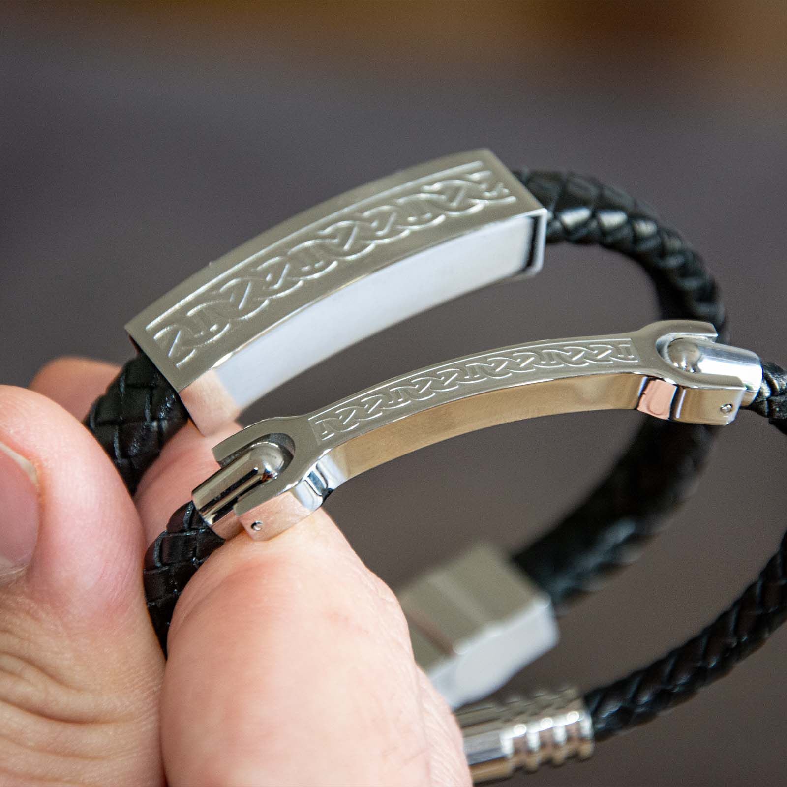 Mens Black Leather Bracelet Wristband With Steel Celtic Knot Design - Image 4