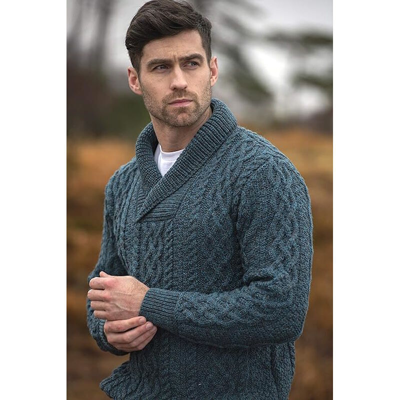 Men's Bunratty Shawl Collar Aran Jumper Peacock - Image 3