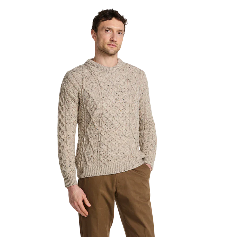 Men's Crewneck Worsted Aran Wool Oatmeal Fleck Jumper